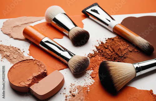 Cosmetic Tools and Face Powders Arranged in Flat Lay Composition