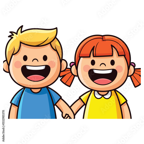 Joyful Cartoon Boy and Girl Holding Hands Smiling, Illustration of Friendship