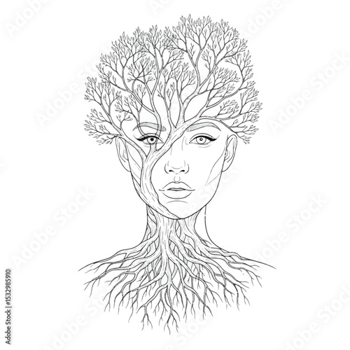 Gray Scale Drawing of a Woman Whose Head and Neck are Transformed into a Tree with Extensive Branches and Roots