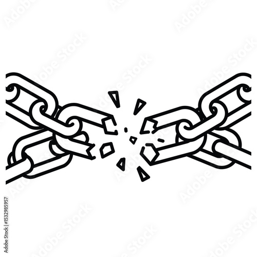 Outline Style Illustration of a Broken Chain with Fragments Representing Freedom and Independence