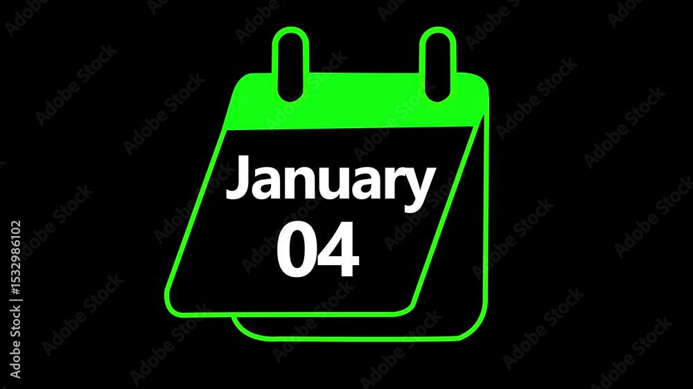 04 January calendar icon animation. Calendar with the date January 4 on a black background for cutting. Luma matte with transparent background Date counting calendar date of 4 to 31,animation, 