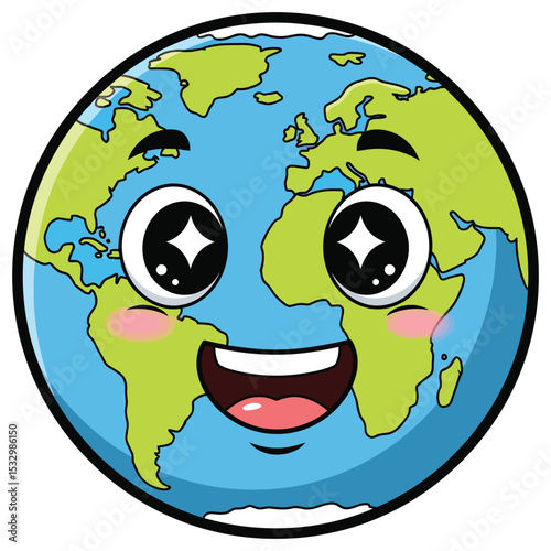 Smiling Earth Globe Character with Cartoon Face Showing Continents and Oceans
