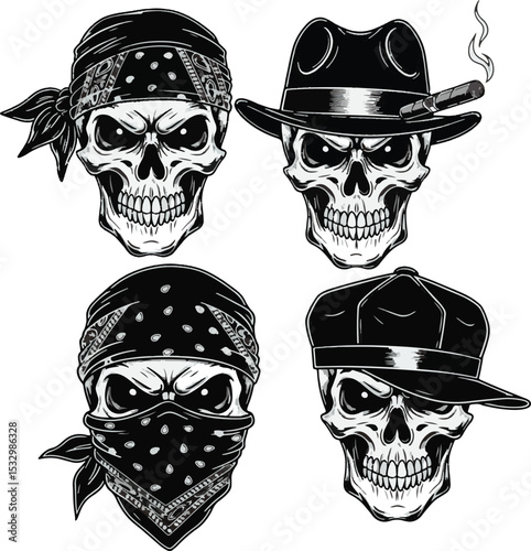 Monochrome Illustration Four Stylized Skulls Wearing Bandanas Fedoras and Baseball Caps Detailed Grim Reaper Style Headwear