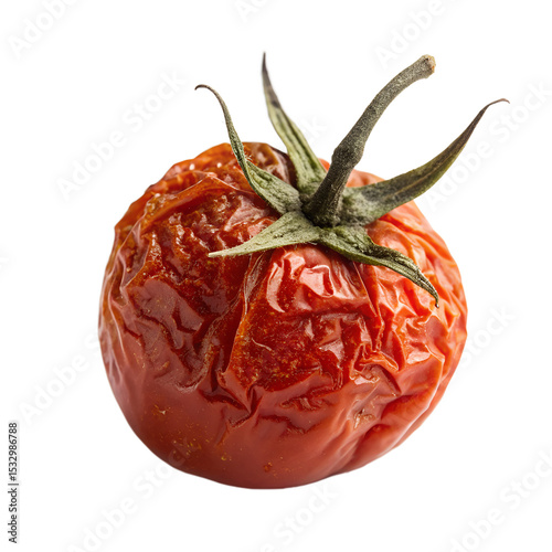 Close up of a wrinkled tomato with stem for food waste concept usage isolated on transparent background
