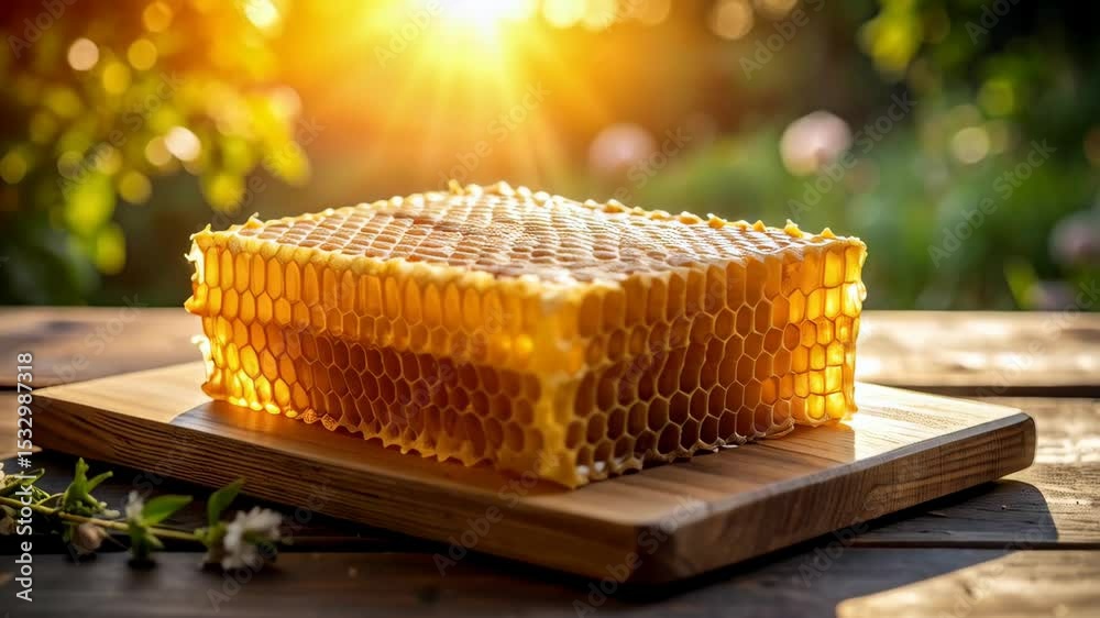 Golden honeycombs on wooden board under sunlight, highlighting the natural sweetness and organic nature of honey production, sunny day