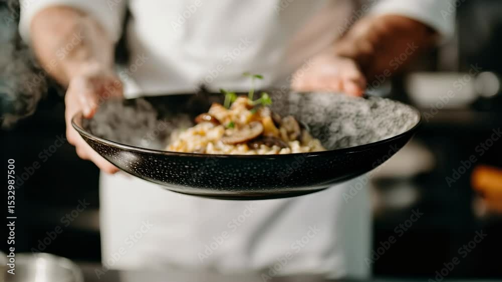 Chef presenting gourmet risotto dish with steaming details in a professional kitchen setting Chef presenting gourmet risotto dish with steaming details in a professional kitchen setting