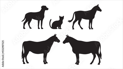 Silhouette Collection Dog, Cat, Horse, and Cow Illustrations