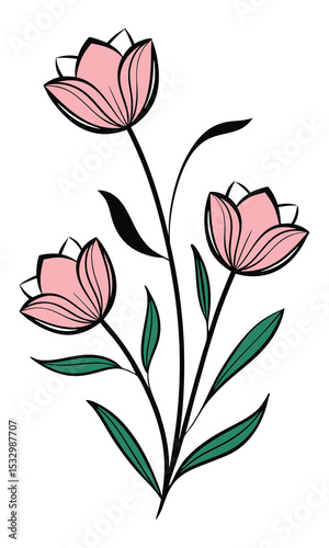 Pink flowers bloom gracefully, adorned with verdant leaves, showcasing artistic botanical elegance in a floral design