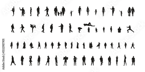 Vector set of human body silhouettes depicting diverse actions, poses, gestures, and social interactions. Includes walking, running, talking, hugging, family, teamwork, helping, sitting, and more. Ide