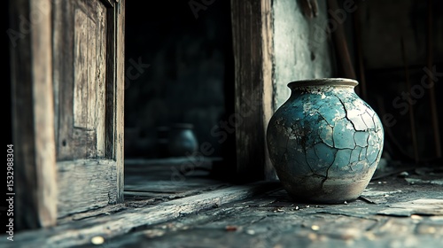Aged ceramic jar with crazed glaze on a weathered floor.