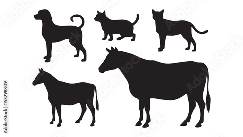Black Silhouettes Dog, Cat, Horse, Cow Farm Animals