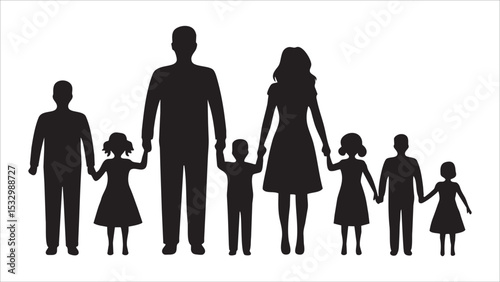 Silhouette Family Portrait Mother, Father, and Five Children Holding Hands
