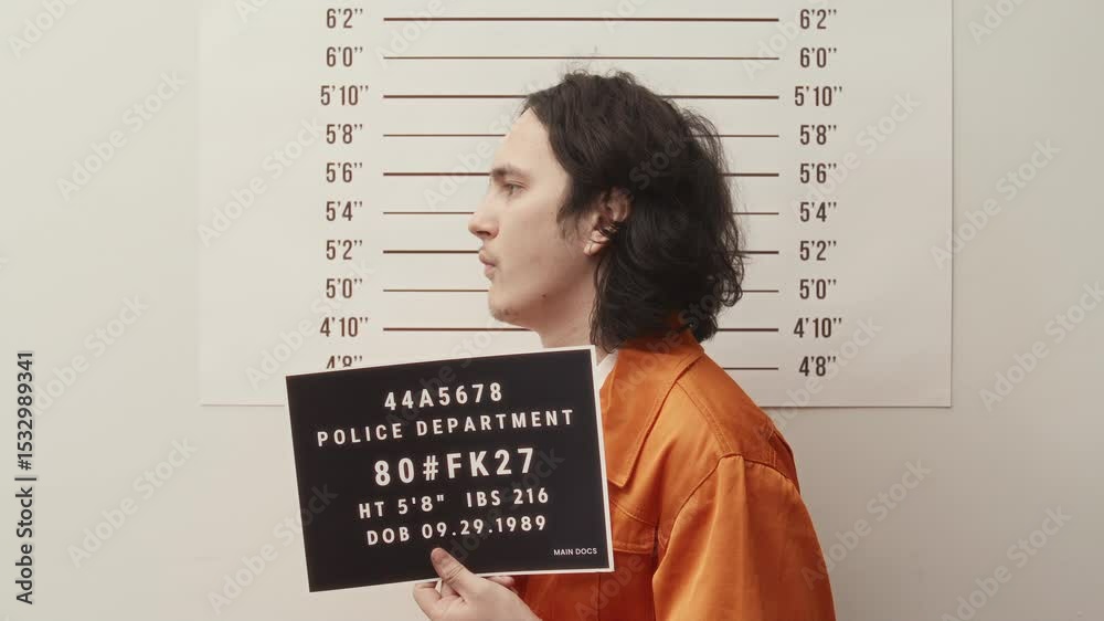 Male inmate in orange uniform holding identification board and posing ...