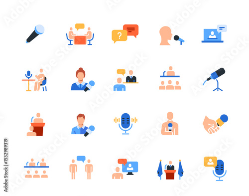 Set of icons related to interview. Colorful signs with live broadcast host, journalist, microphone, celebrity and audience. Design for app. Flat vector illustration collection isolated on background