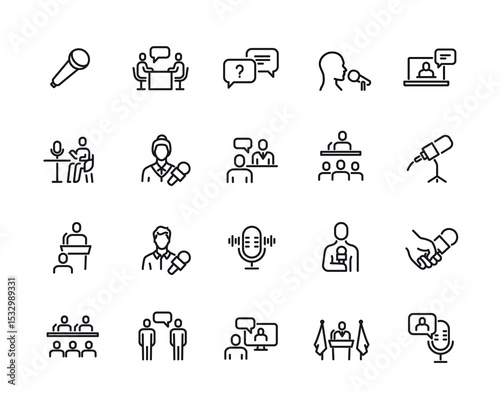 Set of line icons related to interview. Simple symbols with live broadcast, journalist, microphone, celebrity and audience. Editable stroke. Outline vector illustration isolated collection