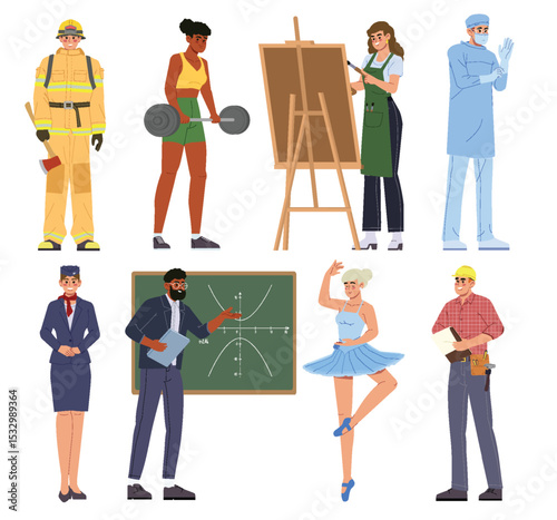 Jobs and professions set. People of different occupations in uniform. Firefighter and doctor, teacher and ballerina, artist and athlete. Flat vector illustration collection isolated on background