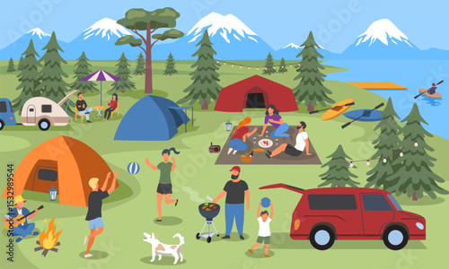 Summer camp vacation. Happy people, families and friends pitch tents, barbecue and relax by campfire in nature. Active outdoor recreation. Hiking, trekking and kayaking. Flat vector illustration