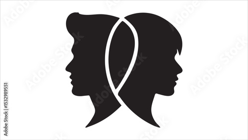 Intertwined Silhouettes Male, Female, Faces, Profiles, Black, White, Abstract, Symbol, Unity, Couple
