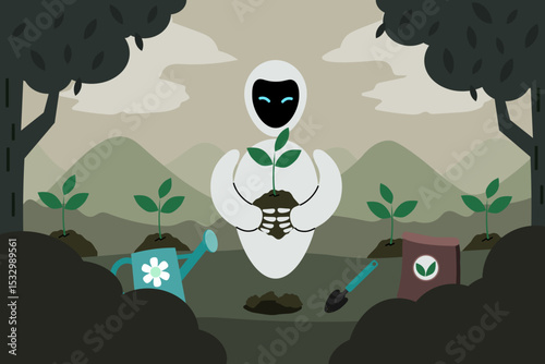 Robot planting tree in eco-friendly forest illustration
