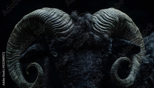 Close-up view of a ram's intricately textured horns.