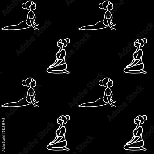 Stylish seamless pattern with white outline yoga poses of women on a black background. Modern and calming design for wellness, fitness, and lifestyle projects.