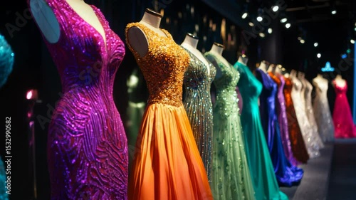 Elegant evening gowns displayed in a vibrant mannequin fashion showroom