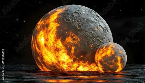 Two celestial bodies with molten surfaces in space.