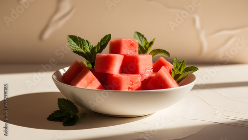a warmly lit, cinematic photograph of a refreshing Watermelon bingsu dessert, featuring vibrant green fresh mint leaves and juicy, pink-fleshed watermelon cubes arranged artfully in a crisp, white bow