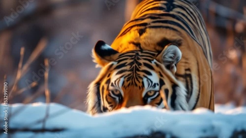 Majestic Siberian Tiger Portrait in Winter Landscape: Serene Gaze in the Snow