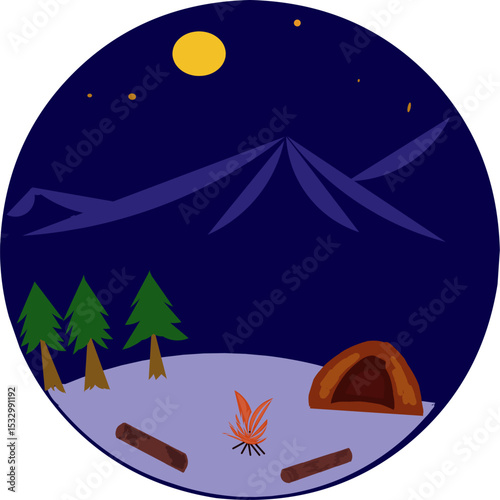 Quiet summer camping atmosphere at night with moon in the night sky starry green trees warming campfires