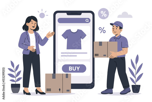 Courier giving package to customer in front of digital mobile app interface in flat illustration style