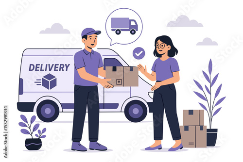 Courier handing over parcel to customer outside door in a home delivery scene, flat-style vector illustration