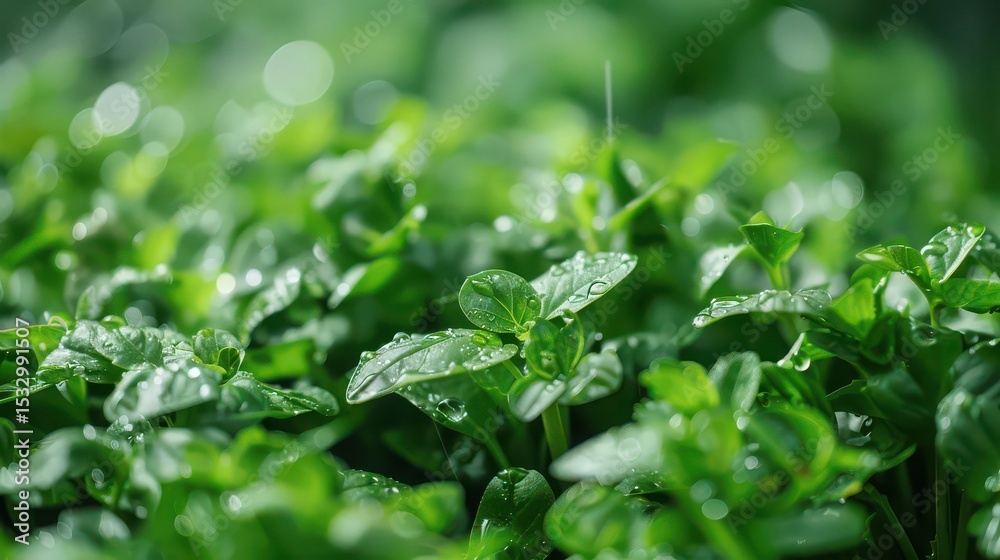 Close up of vibrant green leaves covered in water droplets after a refreshing spring rain shower Close up of vibrant green leaves covered in water droplets after a refreshing spring rain shower