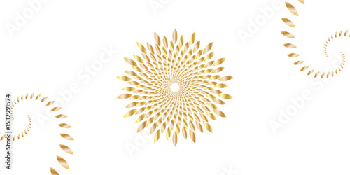 "Traditional Mandala golden spiral with petal-like shapes radiating symmetrically from the center on a white background. Elegant, geometric, and luxurious—ideal for decor, logos, or spiritual themes"