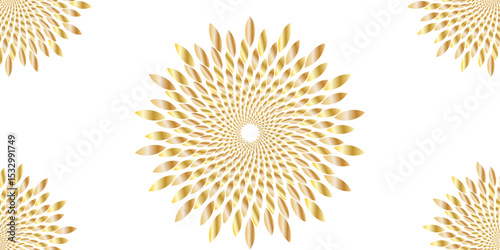 "Traditional Mandala golden spiral with petal-like shapes radiating symmetrically from the center on a white background. Elegant, geometric, and luxurious—ideal for decor, logos, or spiritual themes"