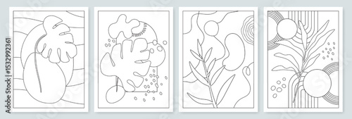 Boho coloring page, line art and summer background with tropical leaves and flowers. Minimal modern wall art with botanical and nature ornament. Groovy spring landscape silhouette pattern for woman.