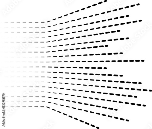 Irradiated dashed lines with irregular spacing and thickness creating an abstract dynamic flow.