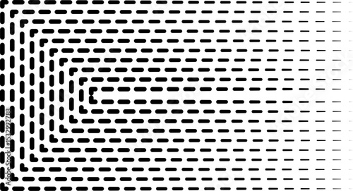 Parallel dashed lines arranged in a squared curve forming a geometric composition.