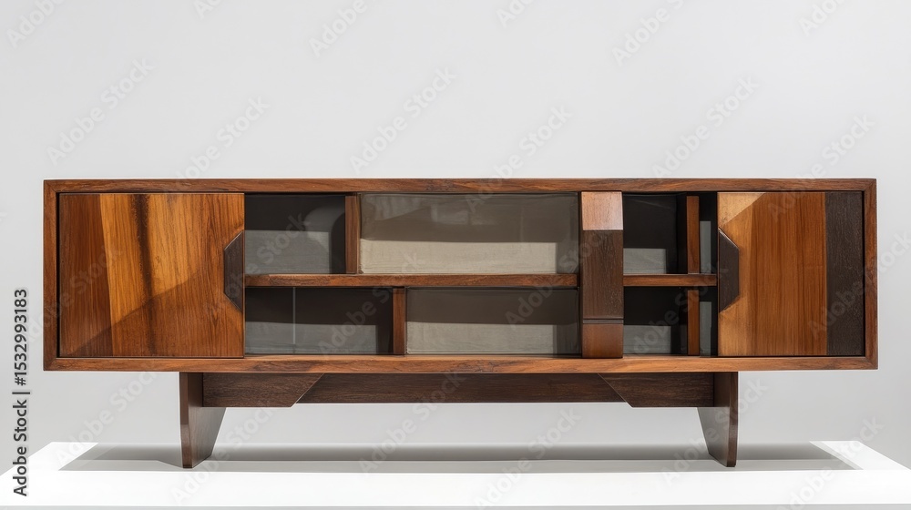 Fototapeta premium Modern wooden sideboard with geometric design and glass panels, perfect for contemporary interiors and elegant furnishing