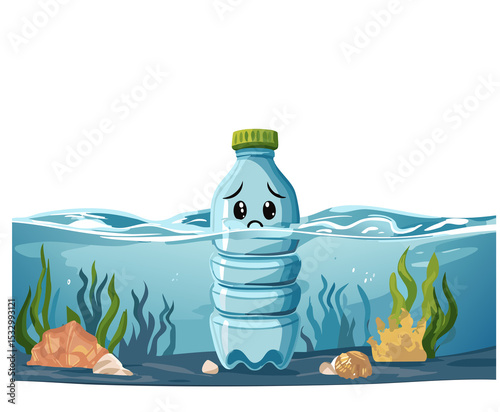 Sad Plastic Bottle Floating in Ocean as Pollution Symbol isolated