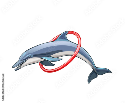 Jumping Dolphin Performing Through Hoop in Ocean Show Scene