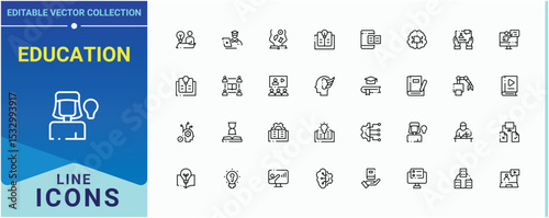 Education linear icon set. Pack of university, training, teach, student and more. Learning icon set. Line symbol and sign. Pictogram and infographic.