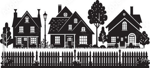 Black Silhouette Vector of a Cozy Suburban Neighborhood – Clean, Minimal Clipart Design