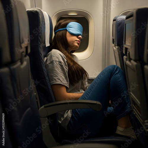 Young Hispanic woman wearing a sleep mask, sitting in an airplane seat. The cabin is dimly lit, with empty seats beside her.