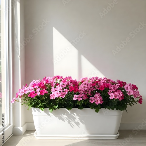 A white planter filled with vibrant pink geranium flowers. The scene is bright with sunlight streaming through a window, creating a warm atmosphere.