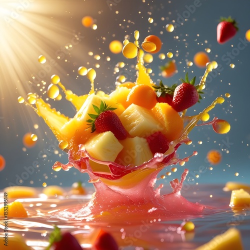 A vibrant splash of mixed fruits including strawberries, pineapple, and orange. Bright colors and dynamic motion create an energetic scene.