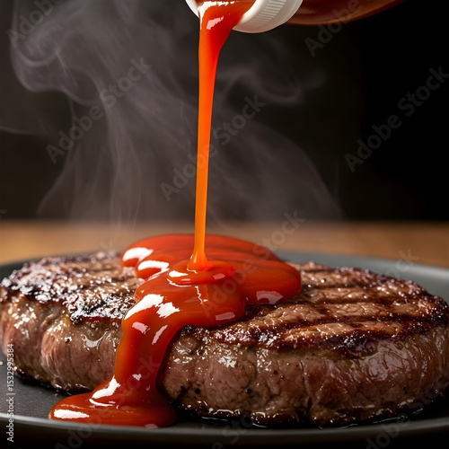 A grilled beef steak on a black plate with steam rising. Ketchup is being poured over the steak, creating a glossy red layer.