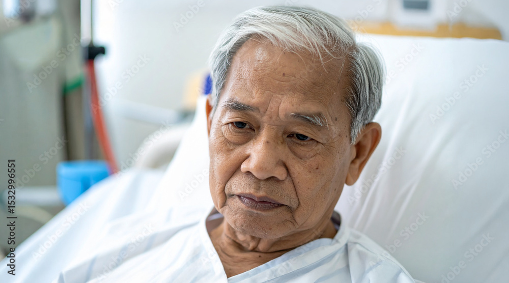 Fototapeta premium An elderly man resting in a hospital bed. He's looking down with a concerned expression