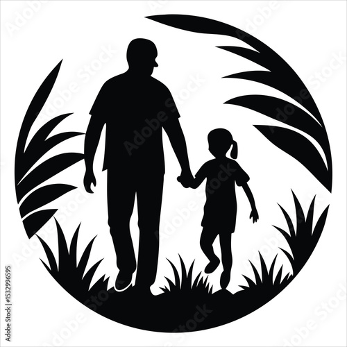 Emotional Father and Son Silhouette Walking Together – Family Bond Vector Illustration, Parenthood Concept Art, Love and Care Clipart, Father’s Day Design Element, Outdoor Scene Graphic