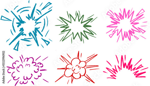 Cartoon Boom Explosion Crayon Chalk Drawing Vector Set